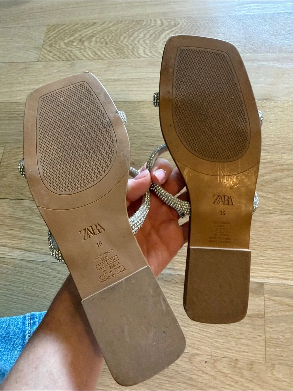 ZARA Tan Slide Sandals with Crystal-Strap Detail - Picture 2 of 2